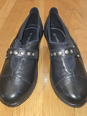 Romika Black Leather Stud-Trim Slip-On Mules